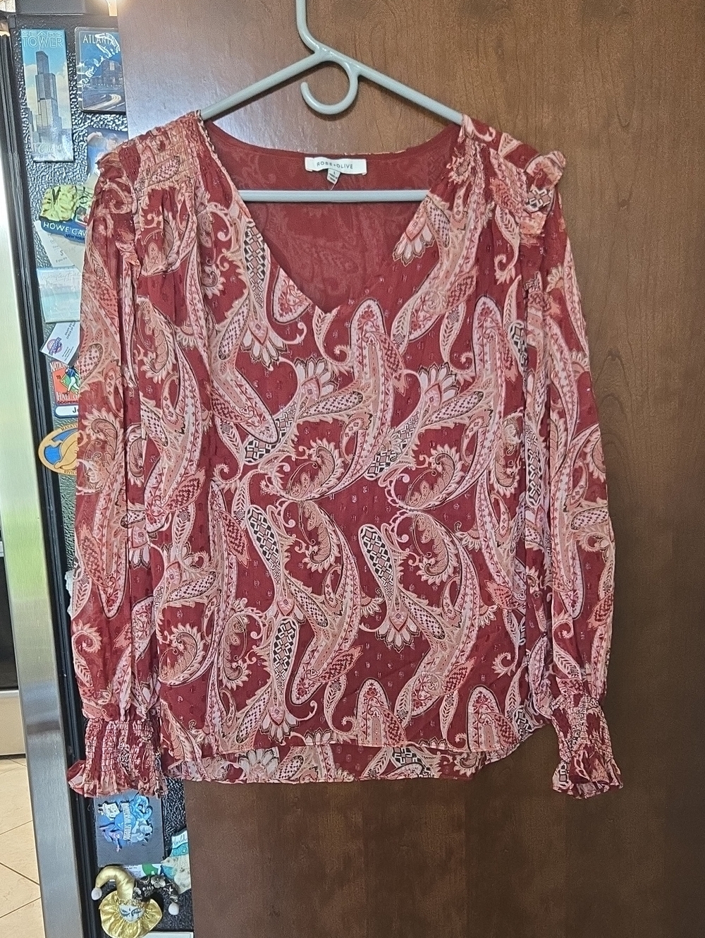 Rose & Olive Burgundy Paisley V-Neck Long Sleeve Blouse